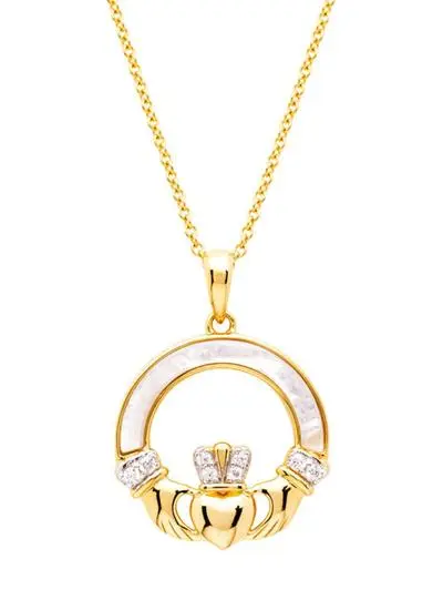 14ct Gold Vermeil Mother of Pearl Claddagh Necklace with White Cubic Zirconia